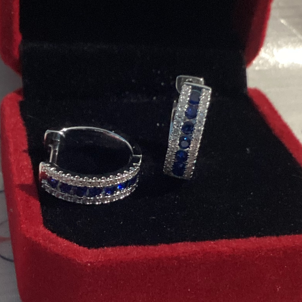 White Gold Filled Classic White & Blue Sapphire Huggie Earrings
